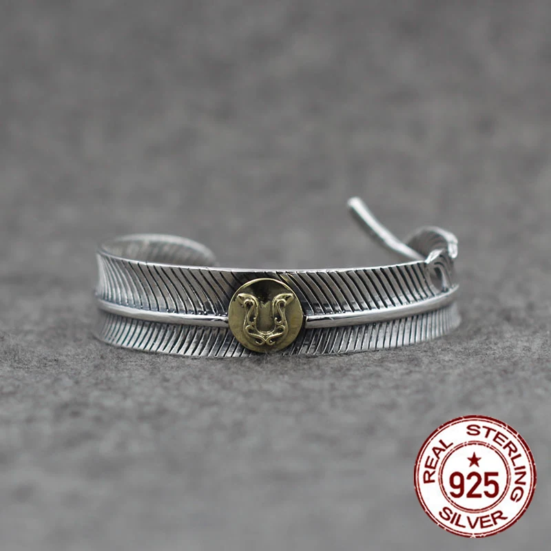 

S925 Sterling Silver Open Bangle personalized retro fashion Indian feather style high-end carved simple bracelet to send a gift