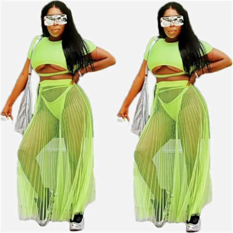 European and American Womens Perspective Dress Three-Piece Suit Summer New Sexy Leaky Navel Shirt Plus Pleated Skirt Ladies |
