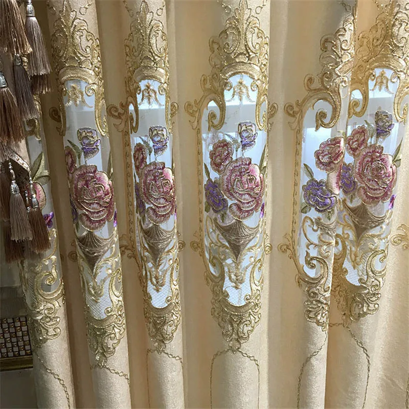 Curtain Cloth 01 Роскошные полузатемненные шторы с вышивкой для гостиной, нордическая синель, готовая продукция, цветочный бежевый тюль для виллы HM140#30 - Цвет: Curtain Cloth 01