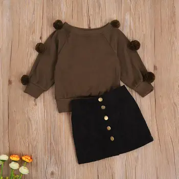 

ZWY478 Toddler Solid Color Outfits Baby Girl Long Sleeve Round Neck Pompom Knitwear + Decorative Button Skirt Set 1-7Y