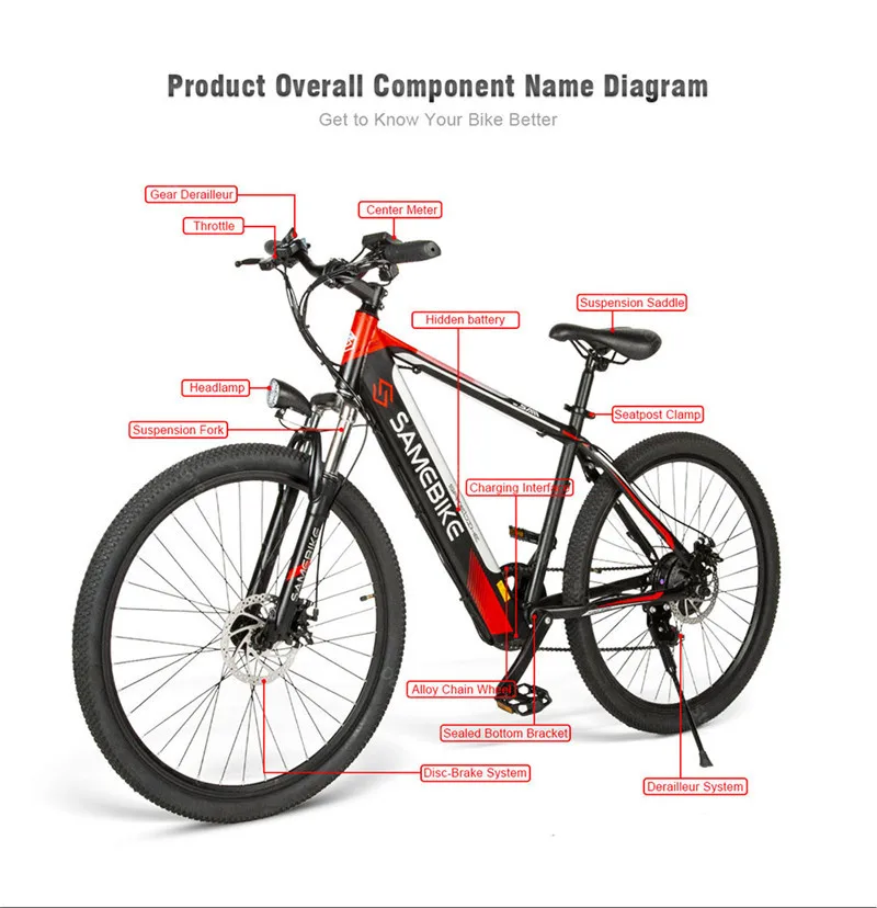 26'' Powerful Electric Bicycle 2 Wheels Electric Bicycles 36V SAMEBIKE SH26 Mountain Smart Electric Bikes Adults Max Range 70KM (13)