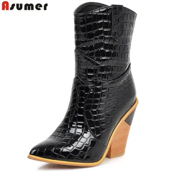 

ASUMER Plus size 34-43 New women's embossed western boots thick high heeled autumn winter boots fashion ankle boots for women
