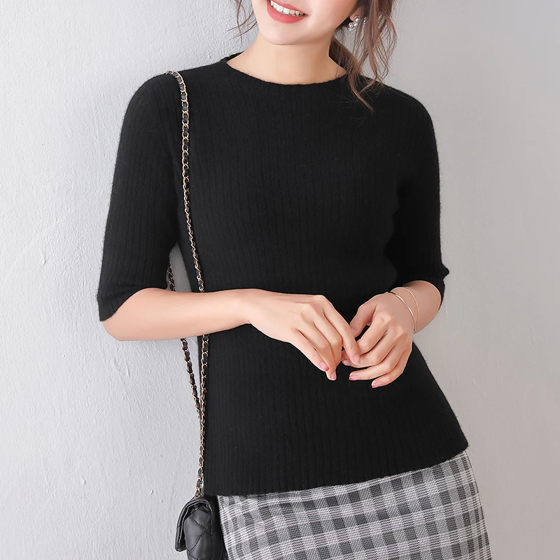 wool t-shirt women black knitted pullover hollow female T-shirt half sleeves spring fashion tops round neck short slim sweater wool t-shirt women black knitted pullover hollow female T-shirt half sleeves spring fashion tops round neck short slim sweater