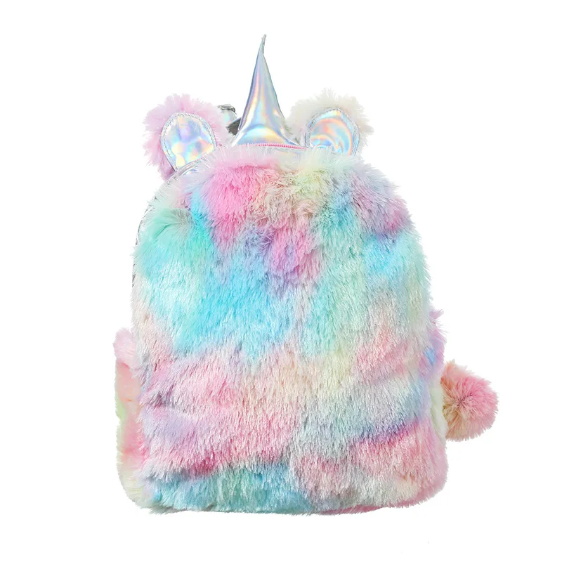 Пушистый рюкзак Единорог сумка принцессы плюшевый школьный рюкзак на молнии милые женские Kawaii женские Девушки Рождественский подарок сумка в виде игрушки - Цвет: Яркий