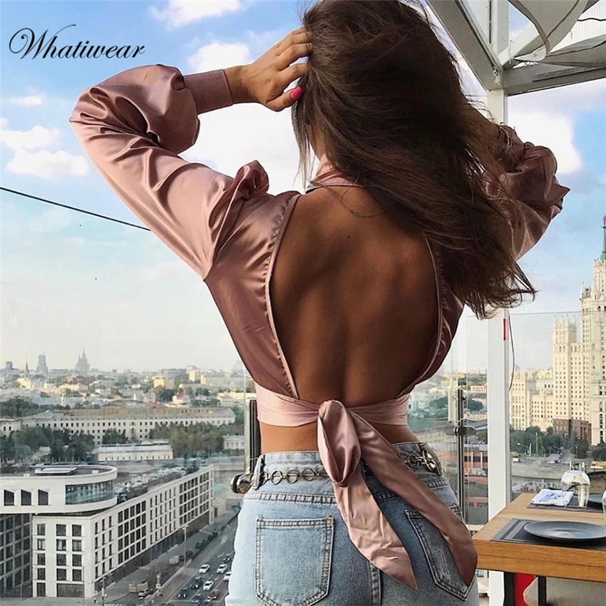 

Whatiwear Autumn Women Crop Top Bow Tie Streetwear Sexy Slim Lady Bralette Tops Deep V Neck Vest Camisole Women Camis Blsusas