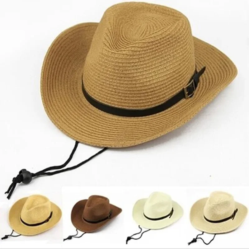 Мужская Ковбойская соломенная шляпа, Солнцезащитная шляпа, складной Западный широкий изогнутый край с Регулируемый Подбородочный