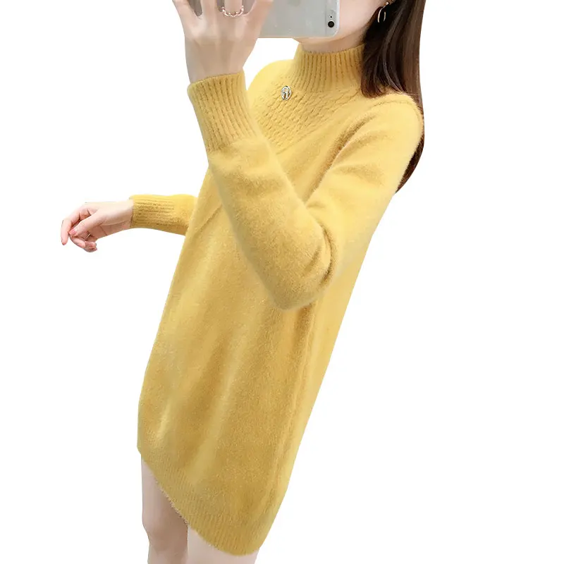 

Модель сезона осень-зима 2022, кашемировый женский свитер, женская верхняя одежда средней длины с полувысоким воротником, плотный свободный свитер