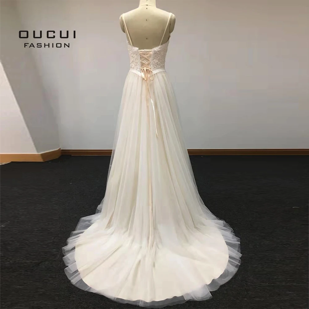 ТРАПЕЦИЕВИДНОЕ кружевное длинное свадебное платье, большие размеры, Vestido De Noiva, без рукавов, на шнуровке, свадебное платье es с шлейфом, с открытой спиной, OL103588