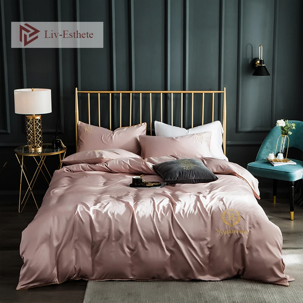 

Liv-Esthete Luxury 100% Silk Bedding Set Silky Embroidery Healthy Duvet Cover Set Bed Set Soft Flat Sheet For Women Man Gift