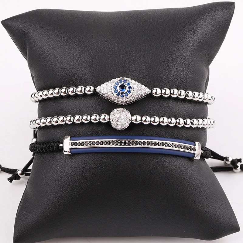 Jaravvi High Quantity 4mm Stainless Steel Beads CZ Evil Eye Charm Braided Macrame Bracelet Set Men - Image 5