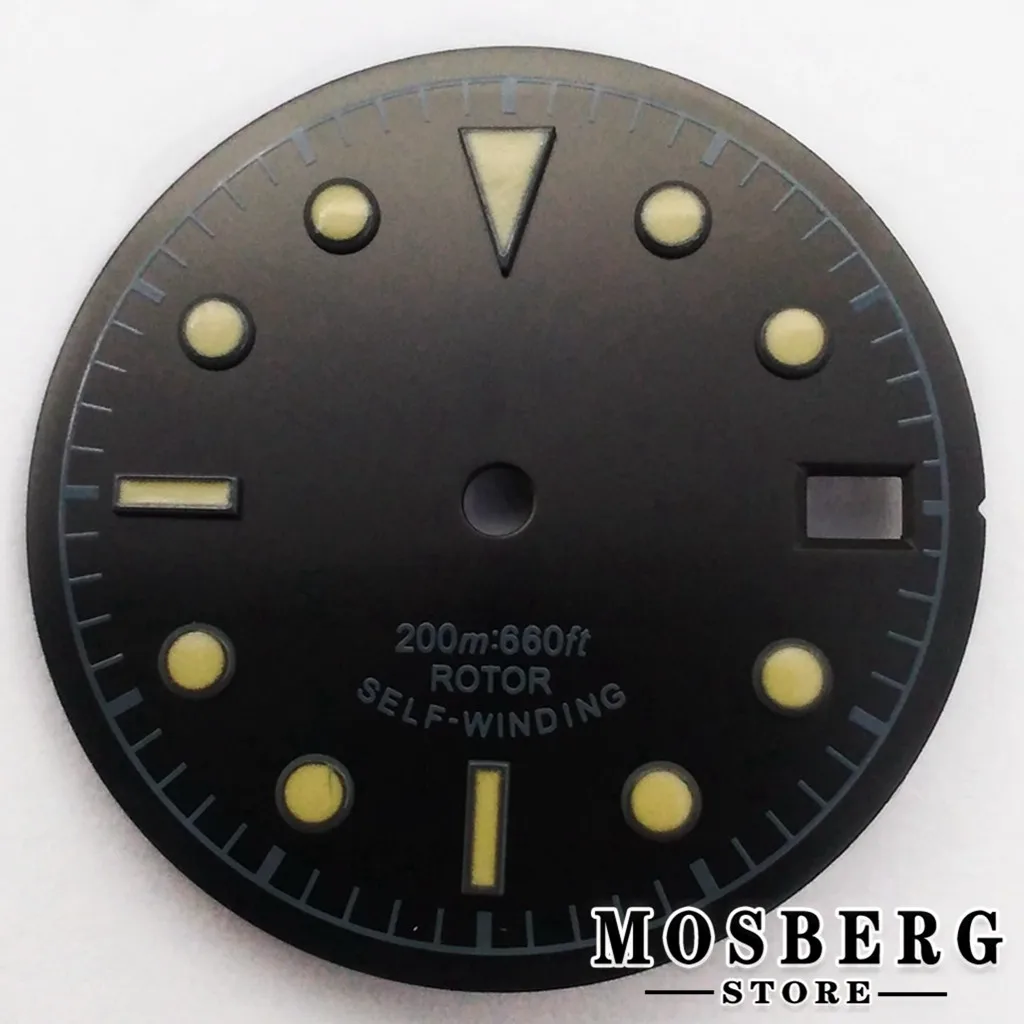 Sterile Luminous Black and Green Watch Dial with Date Window and Hands - 28.5mm
