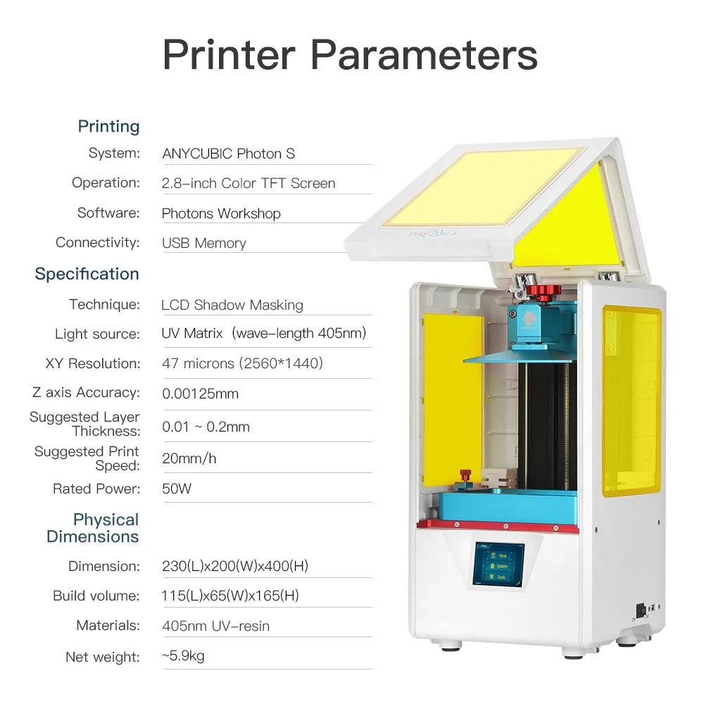 ANYCUBIC 3d принтер Фотон S SLA 3d принтер 2K экран 405nm УФ-фонарь принтера lcd теневая Маскировка 3d принтер комплект DIY