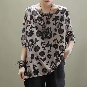 

2020 New Printed Knitted Tshirt Spring Summer Pullovers Loose-fitting Tops Women's Art Casual Half Sleeve T-shirt