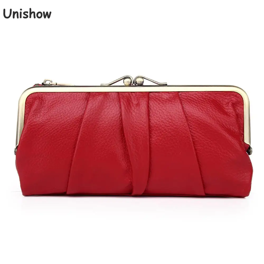 Unishow-cartera de piel auténtica con Clip largo para mujer, bolso de mano de marca de diseñador, de cuero de vaca, para teléfono