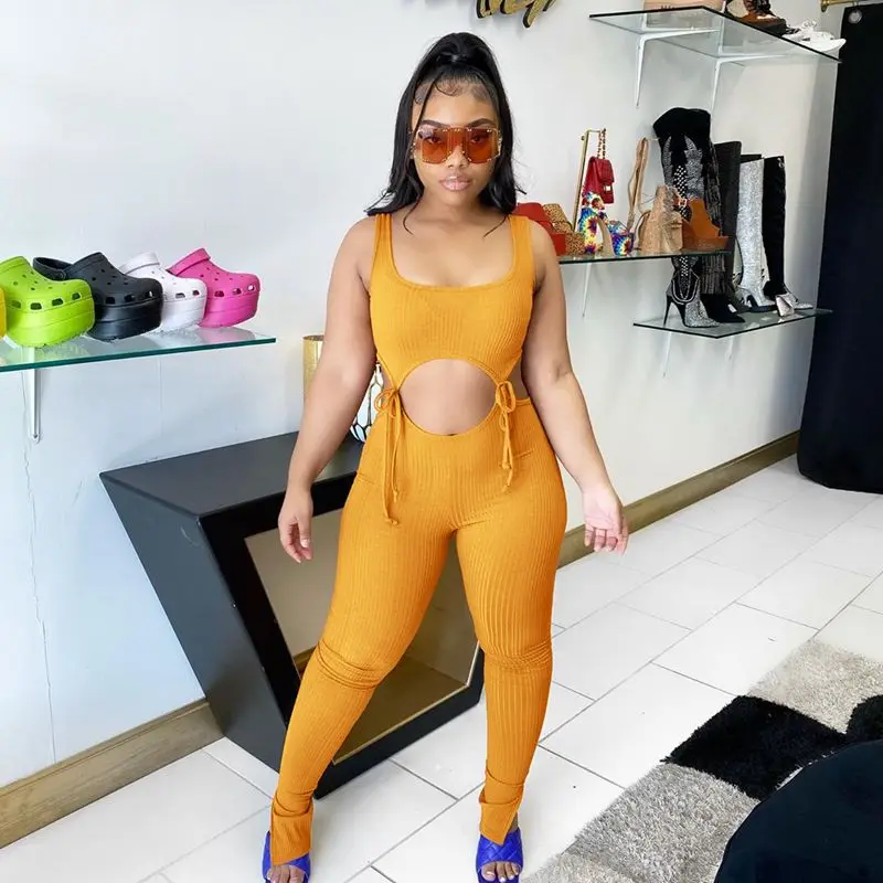 HAOYUAN Sexy Hollow Out Lace Up Rompers Womens Jumpsuit Summer Body Clothes One Piece Club Outfits Sleeveless Bodycon Overalls HAOYUAN Sexy Hollow Out Lace Up Rompers Womens Jumpsuit Summer Body Clothes One Piece Club Outfits Sleeveless Bodycon Overalls
