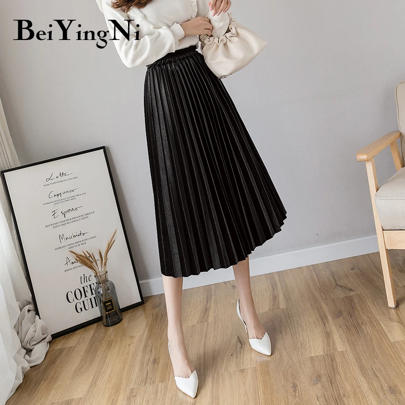 Beiyingni Autumn Winter Gold Velvet Midi Skirt for Woman High Waist Vintage Casual Pleated Skirts Womens Solid 7Colors Warm Saia