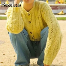 Bazaleas Винтаж желтые центральные значки теплые Kintted Carfigans Франция элегантный Jaune женский свитер ретро мягкий Повседневный Прямая