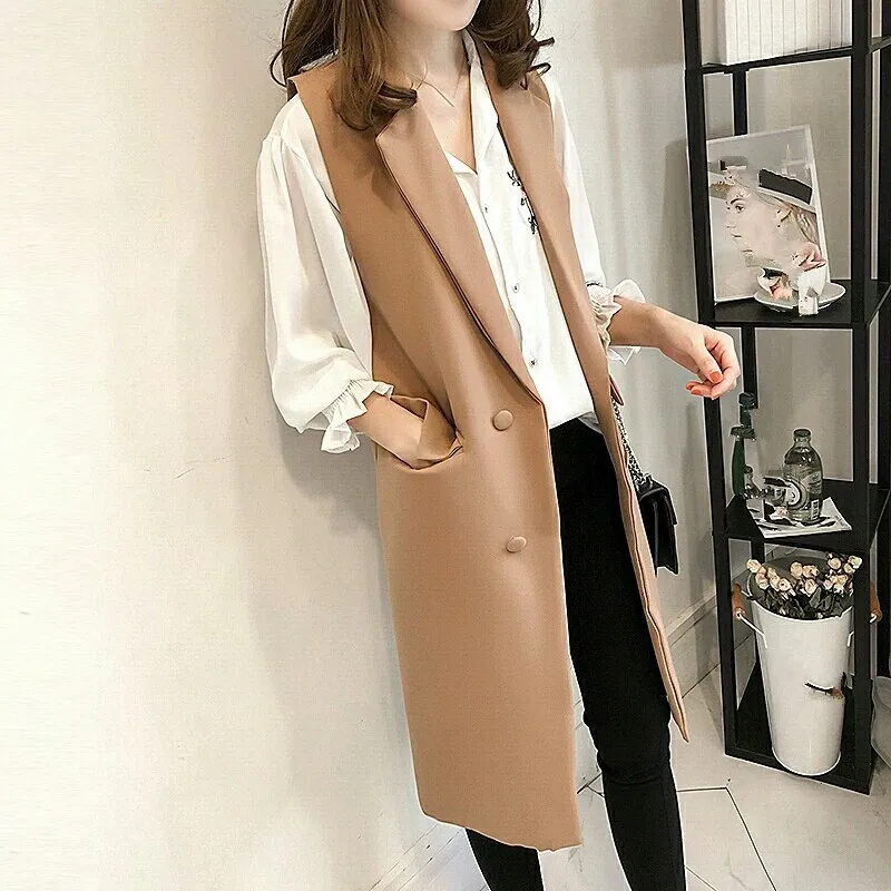 

Plus Size Elegant Turn-down Collar Long Blazer Vest Women Sleeveless Fashion Suit Vest Vest Jacket Solid Trench Coat