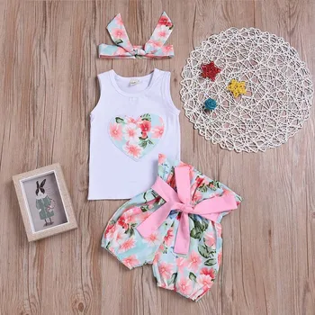 

3PCS New Baby Girl Clothes Printing Vest+Flower Short Pants+Bowknot Outfits Newborn Set Kids Clothes bebes