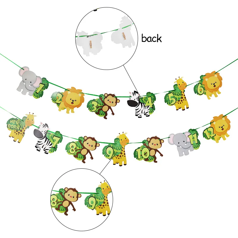 Вечерние бумажные гирлянды в стиле джунглей на 1-12 месяцев, Детские зажимы для фотографий, украшения для вечеринки в честь первого дня рождения, сафари, зоопарк, гирлянда с животными, подвесные фото