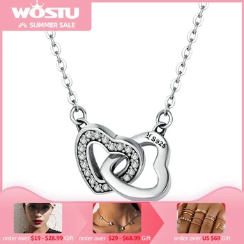 WOSTU 925 Sterling Silver Connected Heart Couple Heart Pendant Necklace for Girlfriend Jewelry Valentine Day Gift CQN181