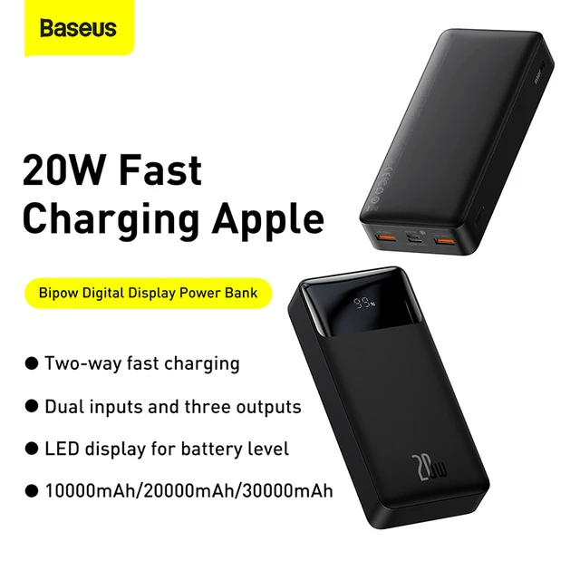 Baseus 30000mAh Power Bank Portable Charger 30000 External Battery PD Fast Charging Pack Powerbank For Phone Xiaomi mi PoverBank 2