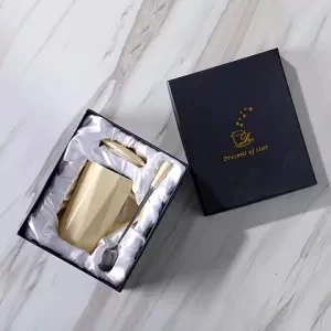 Креативная керамическая чашка с крышкой с ложкой, кофейная чашка, чашка для влюбленных, бытовая чашка для воды, простая чашка для кофе, кофейные кружки, стакан - Цвет: 340ML gift box