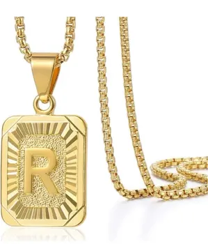 Gold Stainless Steel Initial Letter Pendant Necklace – Square Name Charm for Couples - GloreeWorld