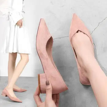 

3 Color New Autumn Women Pumps 2019 Nude Black Pink Leather Shoes Office Lady Designer Pointed Toe Casual Shoes