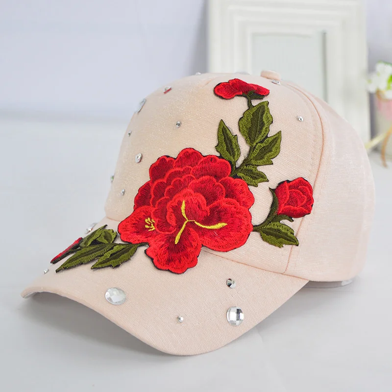 Розовая Цветочная вышитая шляпа для папы для женщин и мужчин Милая Регулируемая хлопковая бейсбольная кепка с цветочным узором N66 - Цвет: apricot peony