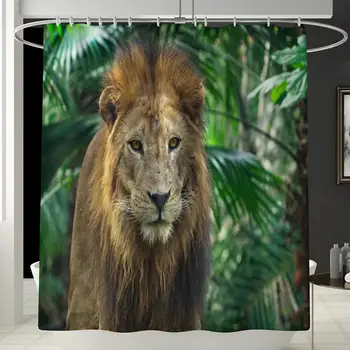 

180x180CM Modern Animal Lion Forest Leaves Bathroom Waterproof Shower Curtain 3PCS Mat Set Toilet Floor Cover Rug Household