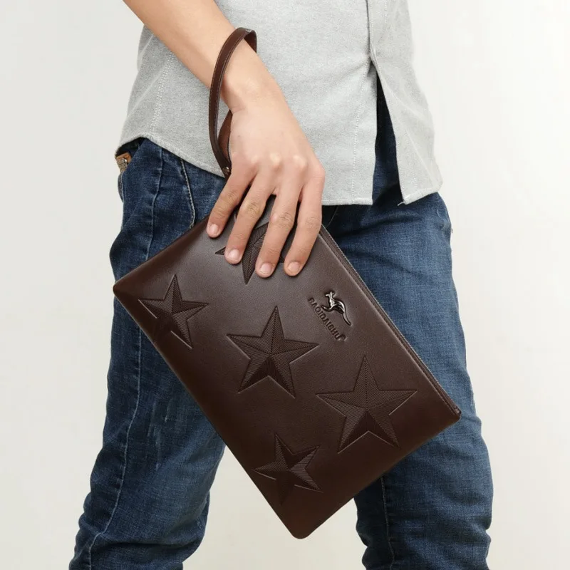 Star Embossing Men's PU Leather Wallet Handbag Zipper Clutch Long Wallet Business Large Capacity Clutch Purse Detachable Wristle