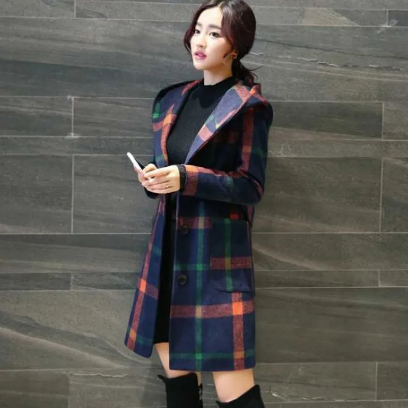 Зимнее женское пальто в британском студенческом стиле, новое модное шерстяное пальто средней длины в клетку Inha с капюшоном, легкое пальто в