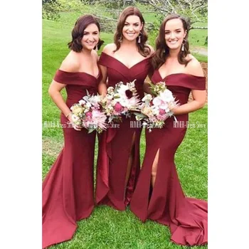 

Off The Shoulder V-neck Burgundy Wedding Party Dresses Side Slit Mermaid Court Train Bridesmaid Dress Lace Up Back Satin Robe
