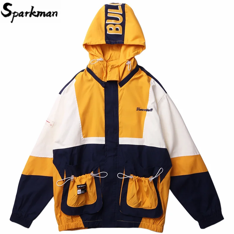 

2019 Streetwear Hip Hop Windbreaker Jacket Retro Color Block Mens Hooded Jacket Coat Pocket Harajuku Zipper Track Jacket Outwear