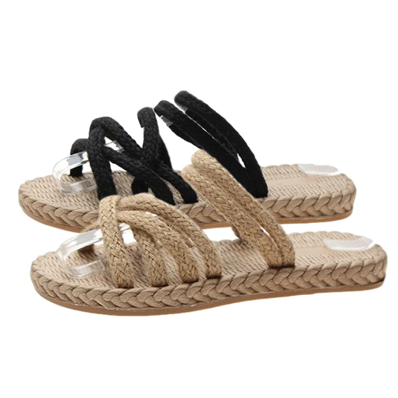 

Casual Hemp Rope Slippers Women 2020 New Fashion Round Head Non-Slip Flip-flops Female Black Khaki Weave Indoor Shoes Woman