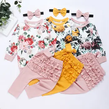 

3Pcs Newborn Girl Clothes Infant Baby Set Floral Long Sleeve Tops+Long Pants+Headband 3PCS Ruffle Baby Outfits Kids Clothes Set