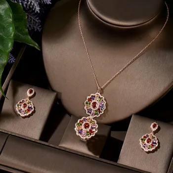 HIBRIDE High Quality Bridal Wedding Party Jewelry Multicolor Cubic Zirconia Flower Necklace Earrings Sets For Women Bijoux N-301