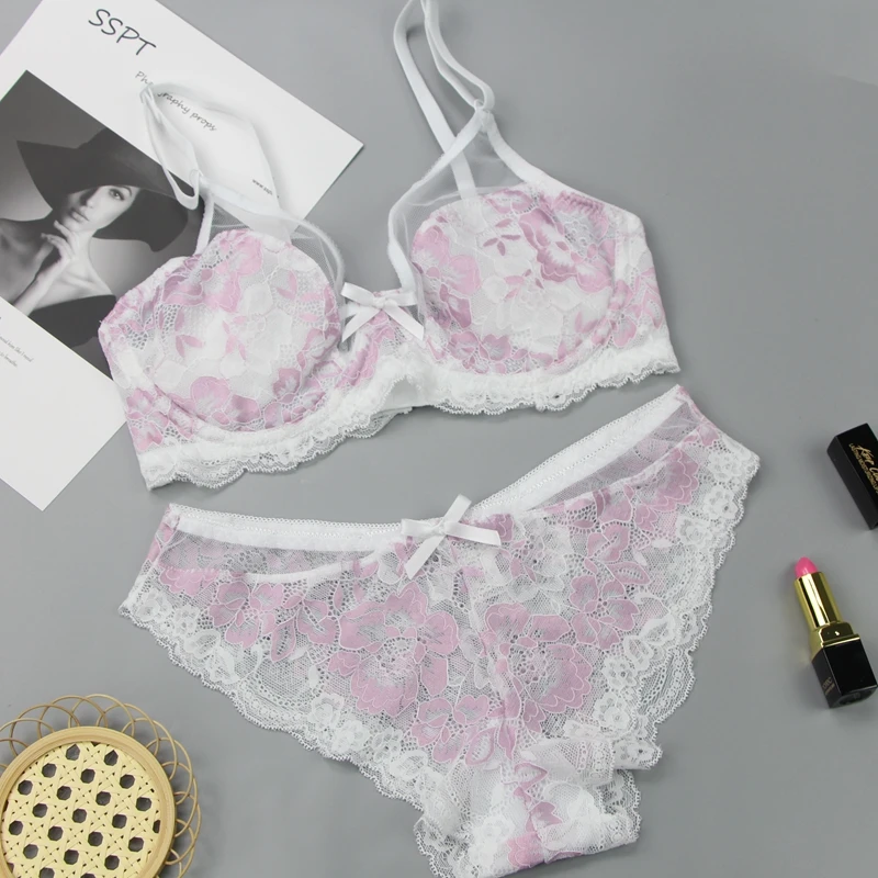 sexy bra set Women Underwear Bra and Panties BCDE Cup Transparent Ultra-Thin Thick Sexy Unlined Plunge Plus Size Lingerie lace underwear set