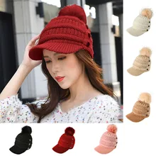 Кнопки для меха с помпоном, одноцветные, женские, в полоску, с переплетением, зимние, теплые, плюс бархат, головные уборы для девушек, уличные, толстые, вязаные, теплые шапки