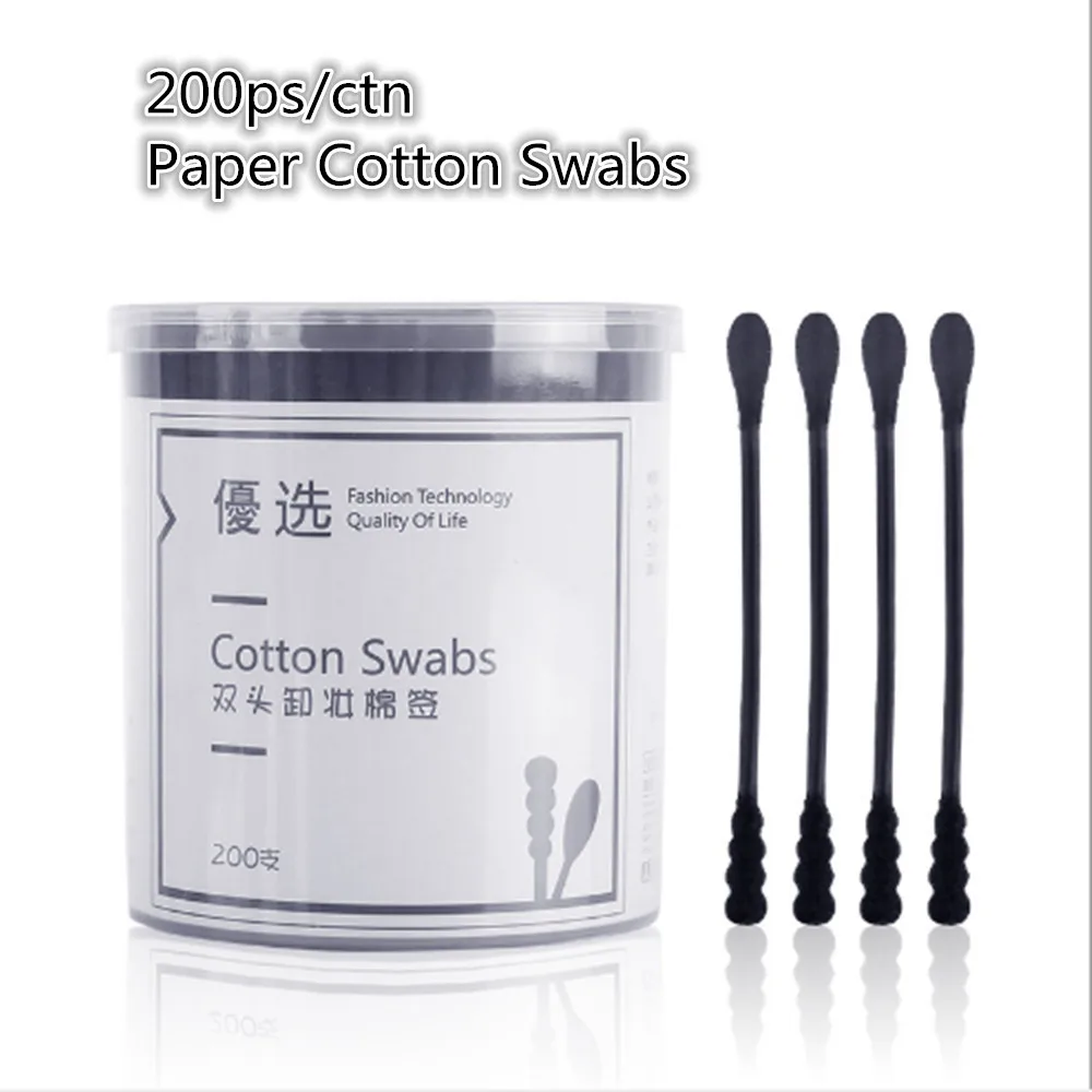 

200pcs/ Pack Double usage Cotton Swab Black Disposable Paper Sticks Makeup Lipsticks Eyebrow Medical Nose Ears Cleaning Tools