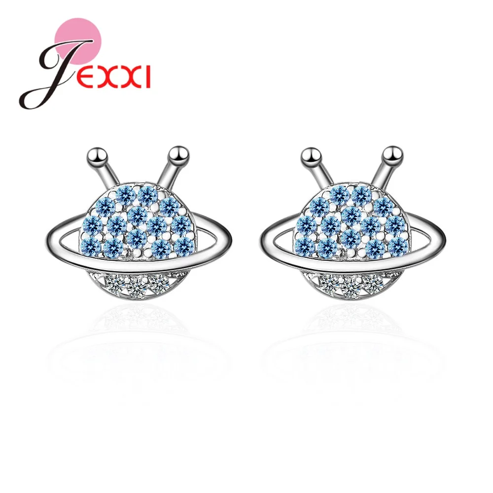 

New Cute 925 Sterling Silver Blue Star Planet Stud Earrings For Women Girl Fashion Small Shiny CZ Crystal Gift