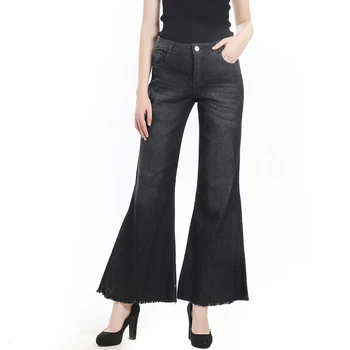 

Women Wide Leg Pants Tassel Spodnie Damskie Thin Stretch Pants Plus Size Middle Waist Denim Pocket Button Casual Flare Pants