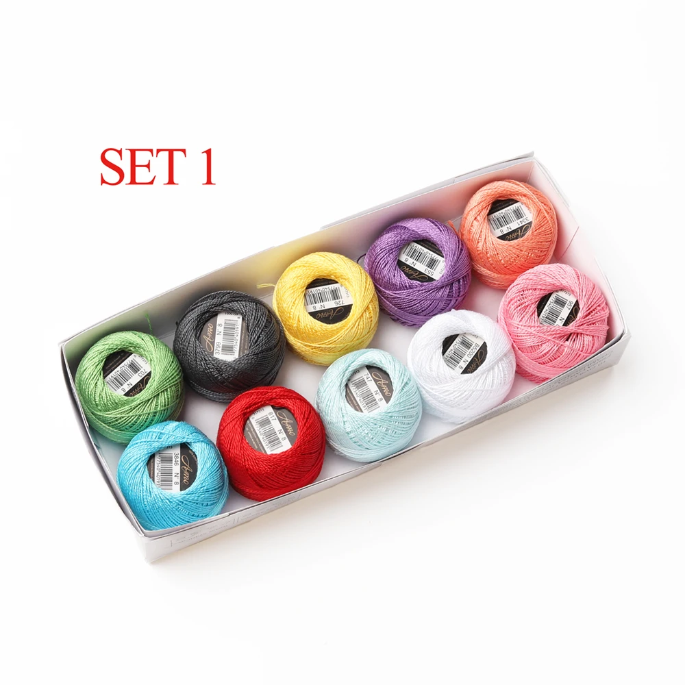 Set 1 10 цветов в наборе, 5 грамм, размер 8, жемчужная хлопковая вышивка, нить для рукоделия, двойная мерсеризованная египетская длинная Штапельная ткань - Цвет: Set 1