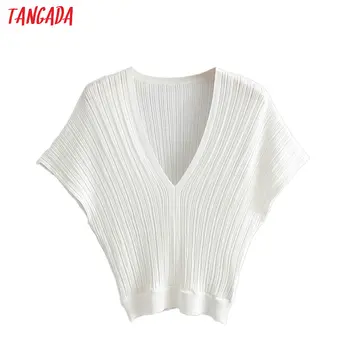 

Tangada korea women summer white sweater bat short sleeve office lady elegant v neck knitted jumper tops AI23