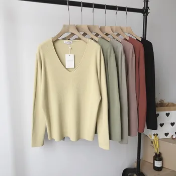 

Spring 2020 V-neck thread lazy soft base wild style thin knit base shirt winter clothes women long sweater dress plus size women