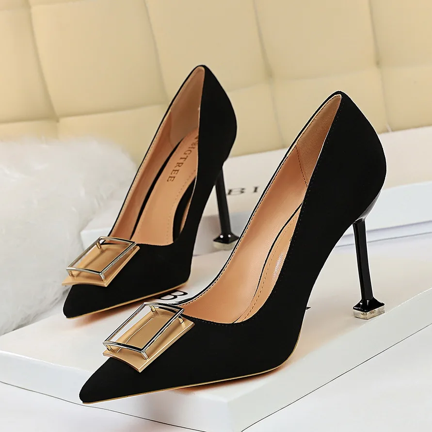 

metal decoration pumps Women High Heels shoes fashion pointed toe sandals Slip on shallow Slides zapatos mujer black red pink