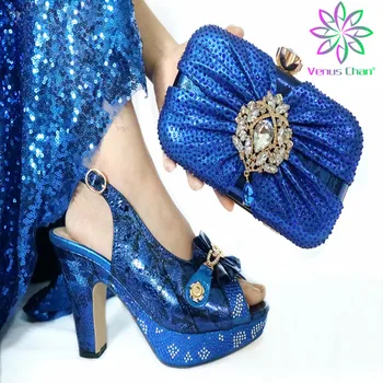 

Blue Color New Arrivals Elegant Summer Women Party Shoes And Bag Set For Party Italian Style High Heel Sandals And Bag Set