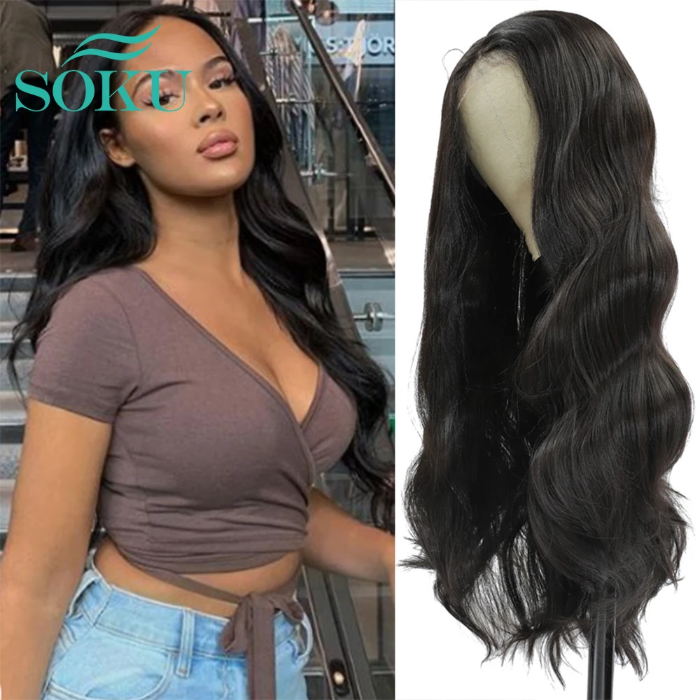 Body Wave Wig Lace Front Wig Middle Part Synthetic Wig With Baby Hair SOKU Natural Color Heat Resistant Hair For Black Women