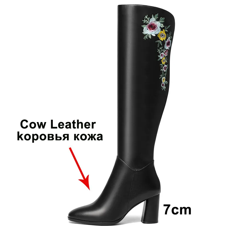 Meotina/зимние женские сапоги выше колена из натуральной кожи; высокие сапоги на толстом высоком каблуке; женская обувь на молнии с вышитыми цветами